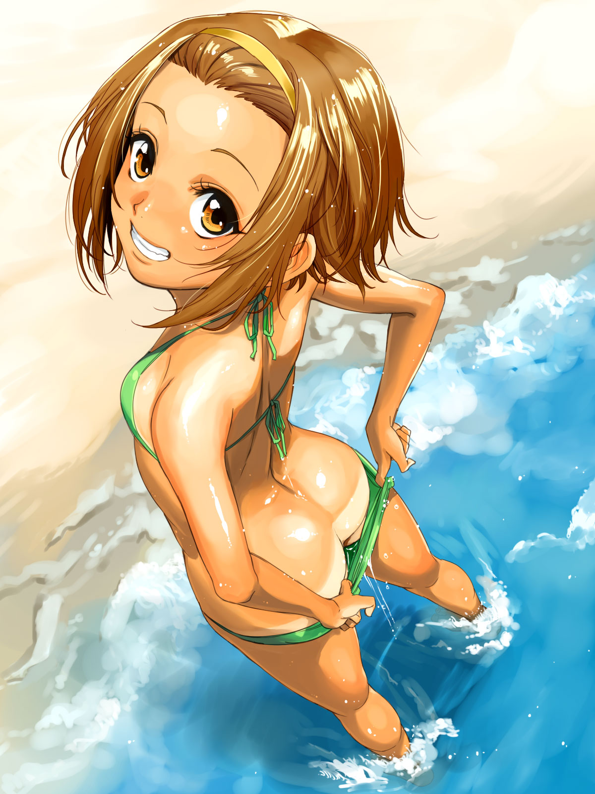 1girls ass beach bikini bikini_pull brown_eyes brown_hair female female_only hairband human human_only k-on! looking_at_viewer mumu ritsu_tainaka_(k-on!) short_hair smile solo tagme tan tanline