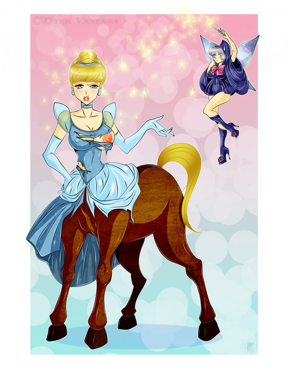 bimbofication breasts centaur cinderella_(1950_film) cinderella_(disney) dark_vanessa disney disney_princess fairy fairy_godmother_(disney) high_heel_boots horse_girl nipples ponygirl species_transformation tagme taur torn_clothes transformation what