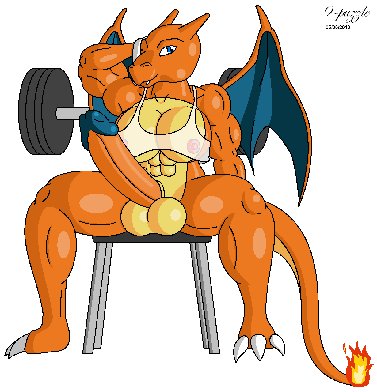 1futa 2010 9-puzzle bottomless breasts charizard claws color fire front_view futa_only futanari intersex intersex_only muscles nintendo nipples penis pokémon_(species) pokemon pokemon_(species) sitting solo tail tail_fire testicles weights