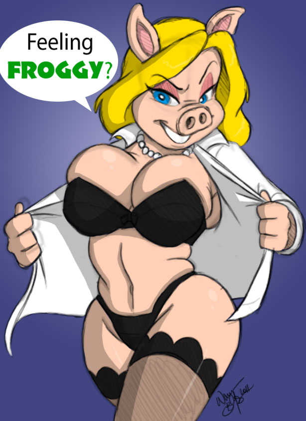 1girls 2011 aeolus06 anthro big_breasts blonde_hair blue_eyes bra breasts clothing female furry miss_piggy muppets panties solo solo_female