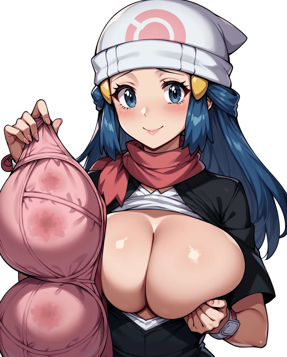 ai_generated athletic_female blue_eyes blue_hair blush bra covering_breasts dawn_(pokemon) embarrassed game_freak gigantic_breasts holding_bra huge_bra huge_breasts light-skinned_female light_skin long_hair massive_breasts nintendo pokemon pokemon_dppt solo_female squatting sweat sweatdrop sweaty_bra voluptuous voluptuous_female