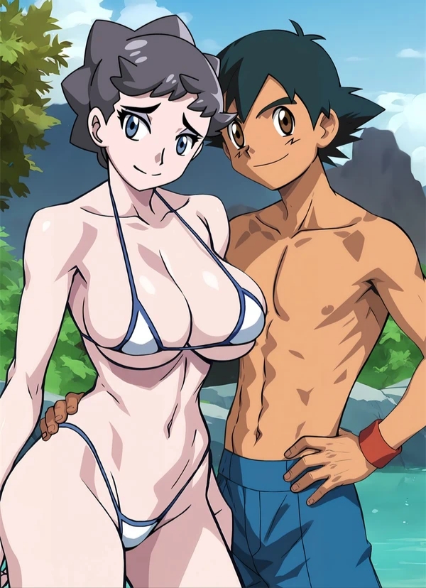 1boy 1girls bikini diantha_(pokemon) outdoors pokemon pokemon_(anime) pokemon_xy satoshi_(pokemon) swimsuit underwear_only yxyyxy