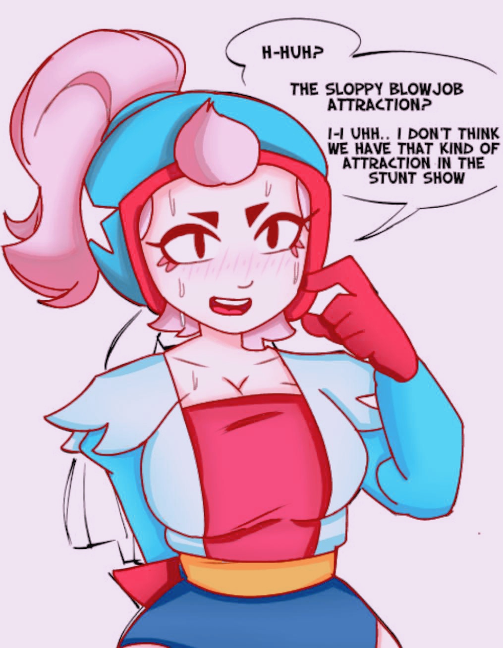 1girls, big breasts, blush, brawl stars, breasts, color, color edit, dialogue, english, english text, female, female focus, female only, fully clothed, gloves, hat, janet (brawl stars), light skin, pink background, pink hair, stuttering, sweat, tagme, zoesephz
