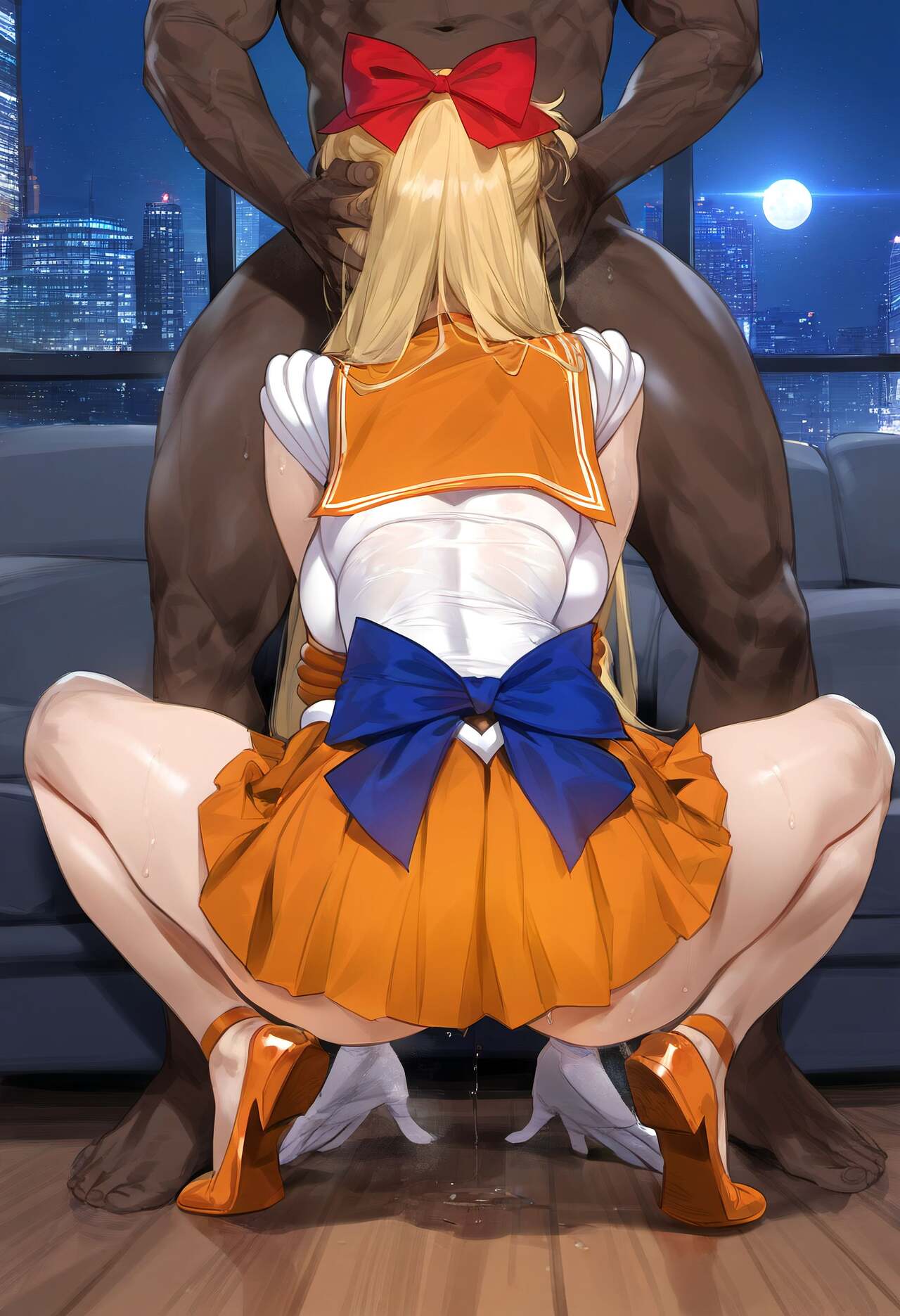 ai_generated bishoujo_senshi_sailor_moon blowjob bow clothing dark-skinned_male implied_oral mikayori minako_aino oral_sex sailor_venus skirt squatting