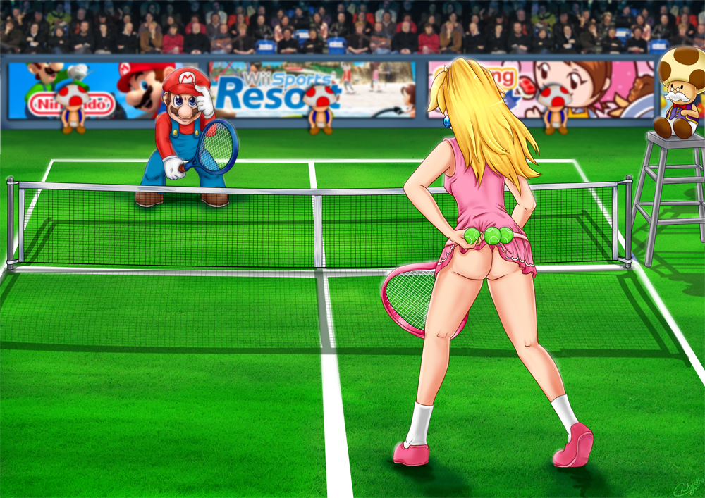 1girls 5boys ankle_socks anklehighs ass ball bare_shoulders blonde_hair blue_eyes brown_hair butt cap clothes color dress earrings female gloves hair hat human interspecies light_skin long_sleeves male mario mario_(series) mario_tennis multiple_males mustache nintendo overalls piercing ponytail princess_peach shoes skirt skirt_lift socks tagme tennis tennis_ball tennis_court tennis_racket tennis_uniform thong toad_(mario) toadsworth white_socks yunasakura