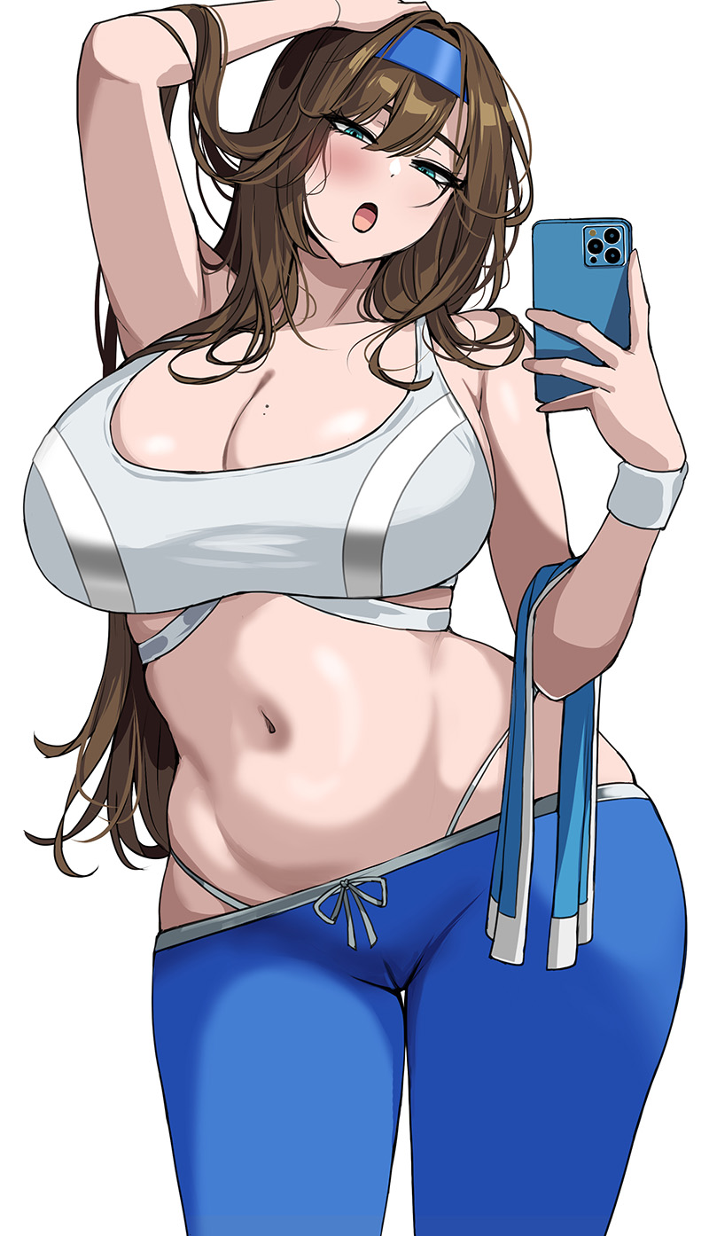 1girls breasts brown_hair drogod_(artist) female goddess_of_victory:_nikke hips huge_breasts light-skinned_female light_skin long_hair naughty_face rumani sports_bra sportswear thick_thighs thighs wide_hips yoga_pants