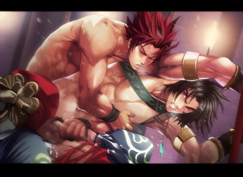 2boys anal black_monkey censored cum cum_while_penetrated cum_while_wincing ejaculation gay handjob hong_yun-seong kilik male male_only male_pubic_hair mazjojo multiple_males muscle necklace nipple nipple_squeeze nippleplay one_eye_closed penis red_hair sex soul_calibur tagme torn_clothes wince yaoi