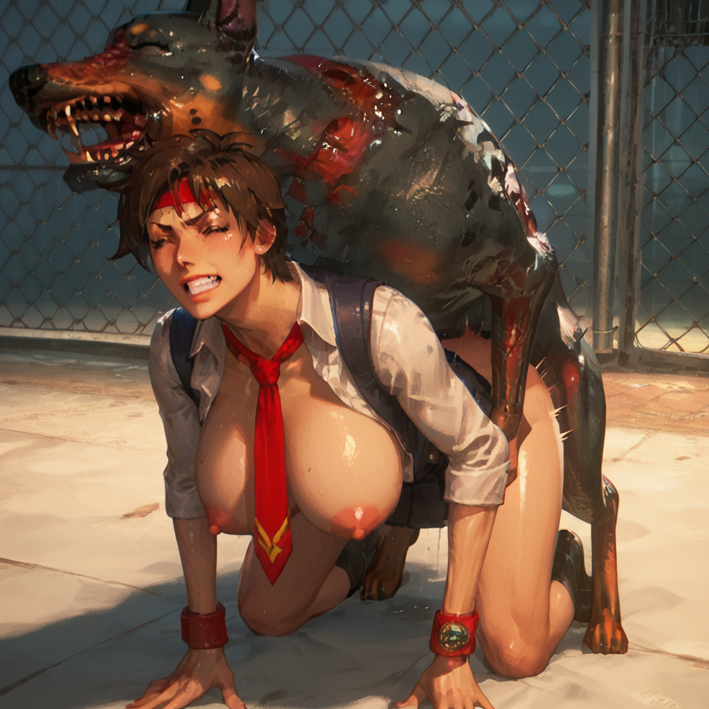 ai_generated animal_genitalia beastiality big_breasts capcom cerberus_(resident_evil) crossover doggy_style rape resident_evil sakura_kasugano street_fighter zombie_dog zoophilia