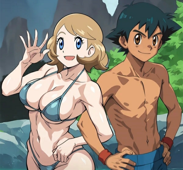 1boy 1girls asian_male_white_female bikini blue_eyes dirty_blonde_hair french_female japanese_male outdoors pokemon pokemon_(anime) pokemon_xy satoshi_(pokemon) serena_(pokemon) swimsuit underwear_only yxyyxy