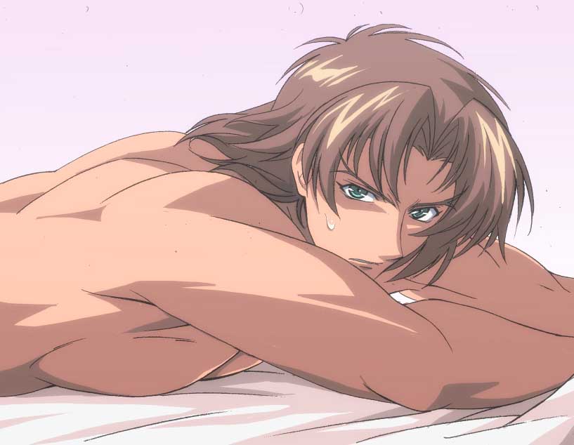 1boy 2011 alford_markina brown_hair green_eyes imasan kyou_kara_maou light-skinned_male light_skin lying lying_on_bed male male_focus male_only muscle muscles muscular muscular_back muscular_male solo tagme