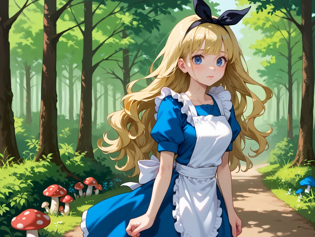 ai_generated alice_in_wonderland alice_liddell blonde_hair blue_dress historyia mushroom mushrooms teenage_girl woods younger_female