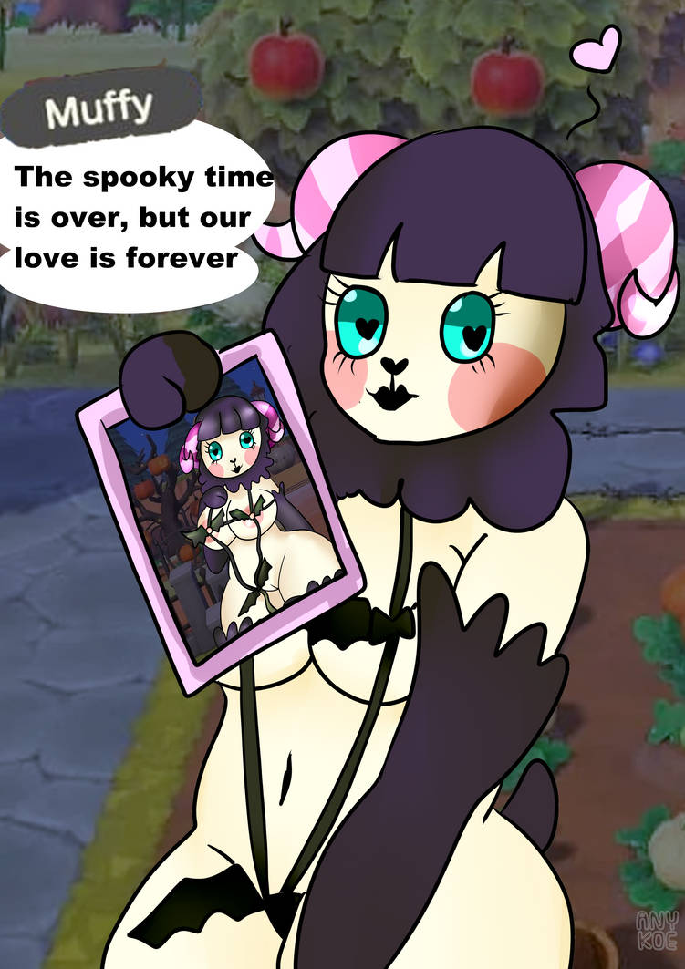 animal_crossing anthro anykoe batkini bikini bovid breasts caprine clothing dialogue female forest forest_background halloween heart_eyes heart_symbol holidays looking_at_viewer mammal muffy_(animal_crossing) nature nature_background nintendo photo plant sheep signature solo speech_bubble swimwear talking_to_viewer text tree two-piece_swimsuit