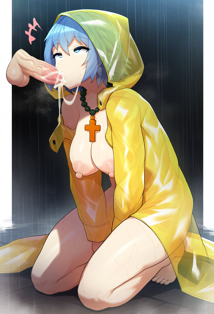 1boy 1girl ahe_gao ai_generated altra_x big_areola blue_eyes blue_hair cum faceless_male fellatio female heart kneeling luce_(vatican) medium_breasts nipples oral penis rain raincoat short_hair wet_body