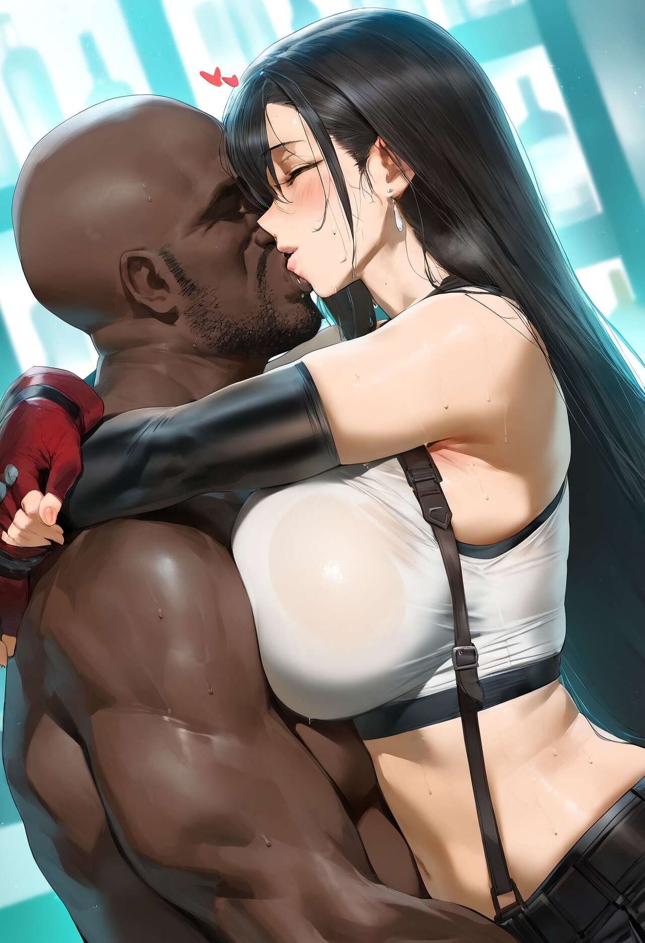 1boy, 1girls, ai generated, big breasts, big muscles, breasts, dark skin, dark-skinned male, female, final fantasy, final fantasy vii, huge breasts, interracial, kissing, large breasts, male, mikayori, muscles, muscular, muscular male, tifa lockhart