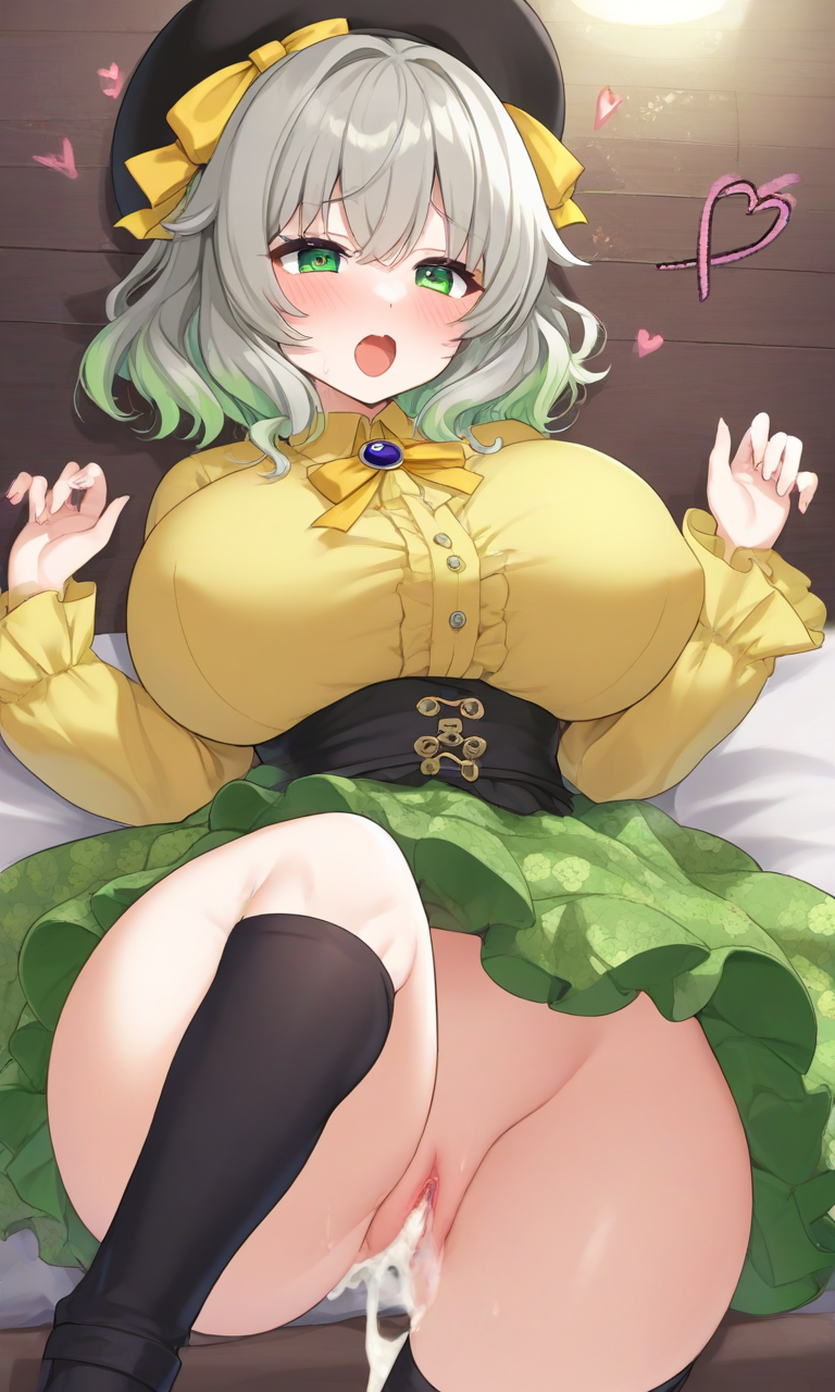 ai_generated big_breasts green_hair koishi_komeiji komeiji_koishi legs_held_open pussy_juice smile touhou