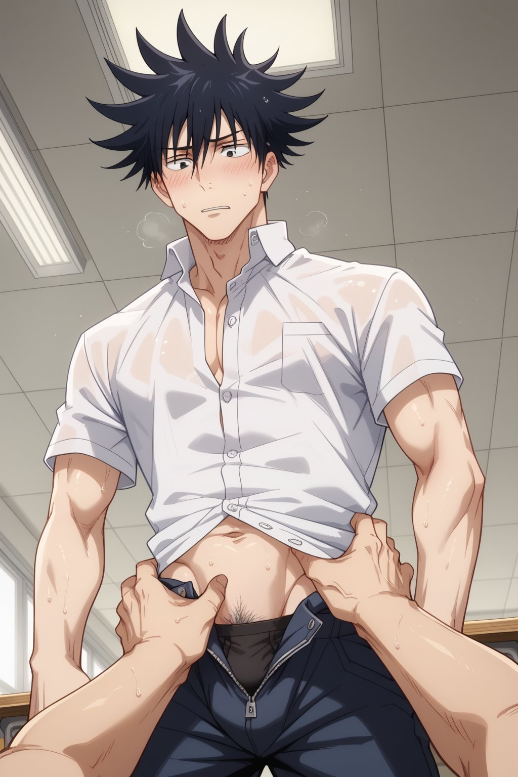 2boys abs ai_generated another_megumi bangs bara black_eyes black_hair black_male_underwear black_pants blush bulge bulge_through_clothing bulge_under_clothes collared_shirt desk erect erect_penis erection erection_under_clothes erection_under_clothing fushiguro_megumi groping hair_between_eyes indoors jujutsu_kaisen lifted_by_another male_focus male_pubic_hair male_underwear multiple_boys muscular muscular_male navel open_fly open_pants pants partially_unbuttoned pectorals penis_bulge pov pubic_hair shirt short_hair short_sleeves solo_focus spiked_hair sweat sweatdrop sweating sweaty sweaty_body toned toned_male unbuttoned underwear undressing_another unzipped vein veins veiny white_shirt window yaoi