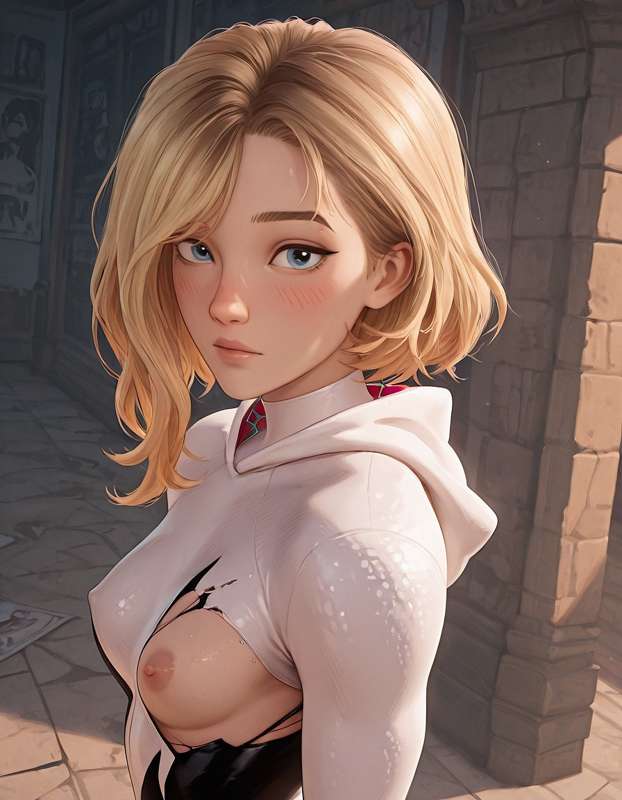 ai generated, blonde hair, breasts, breasts out, female, gwen stacy, marvel, marvel comics, ripped clothing, spider-gwen, spider-man: across the spider-verse, spider-man: into the spider-verse
