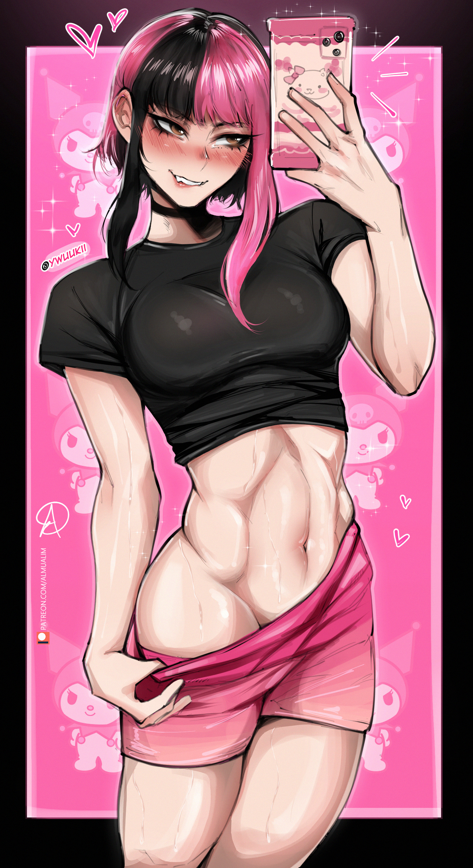 1girls, abs, almualim, black choker, breasts, character request, choker, copyright request, female, hi res, light skin, light-skinned female, medium breasts, midriff, navel, selfie, solo, thighs, two-tone hair, ywuuki