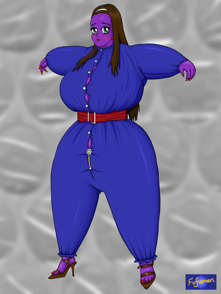 1girls ass_expansion big_ass big_breasts blue_clothing blue_skin blueberry_inflation breast_expansion brown_hair button_gap buttons cinched expansion fufuman inflation red_belt violet_beauregarde_(cosplay) wide_hips willy_wonka_and_the_chocolate_factory