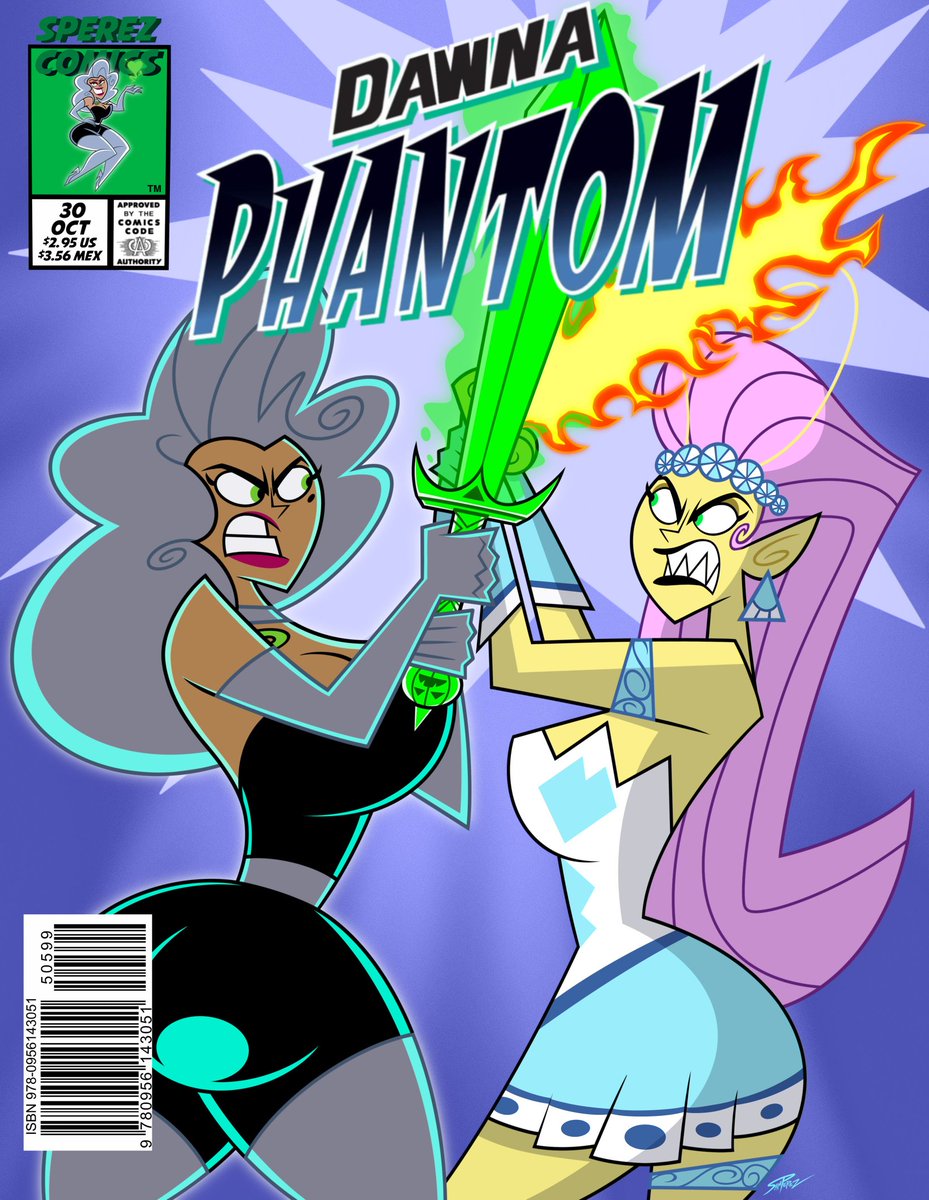 2girls alien big_ass big_breasts comic_cover crossover danny_phantom dawna_fenton dawna_phantom female nickelodeon nicktoons pink_hair princess_mandie samperez sword sword_fight tagme the_fairly_oddparents thick_thighs tight_clothing white_hair