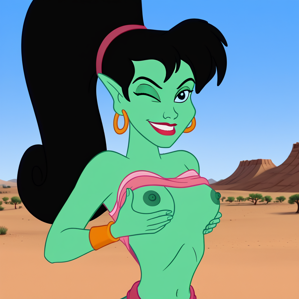 1girls ai_generated aladdin areolae bare_breasts bare_shoulders belly_button black_eyes black_hair breasts breasts_out desert disney earrings eden_(aladdin) exposed_breasts female female_focus female_only flashing flashing_breasts genie genie_girl gold_armband green_nipples green_skin green_skinned_female half_body holding_breast hoop_earrings long_hair midriff navel nipples no_bra pink_top pink_topwear pointy_ears ponytail red_hairband red_lips smile smiling smiling_at_viewer solo solo_female strapless strapless_top top_pulled_up tube_top tubetop wink winking winking_at_viewer