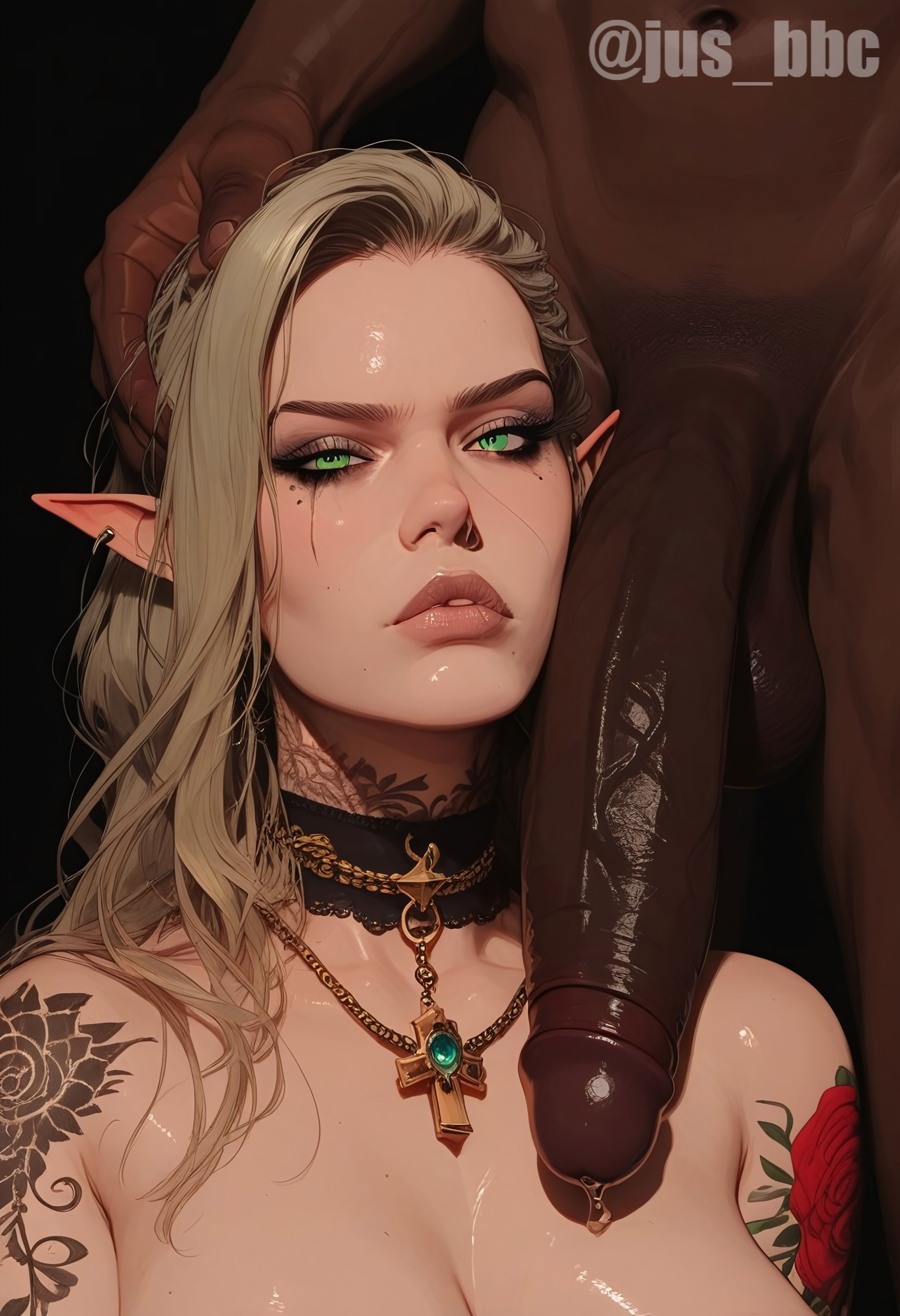 1boy, 1girls, ai generated, big penis, blonde hair, blue eyes, dark skin, dark-skinned male, elf, elf ears, female, interracial, jus bbc, light skin, light-skinned female, looking at viewer, male, penis, pointy ears