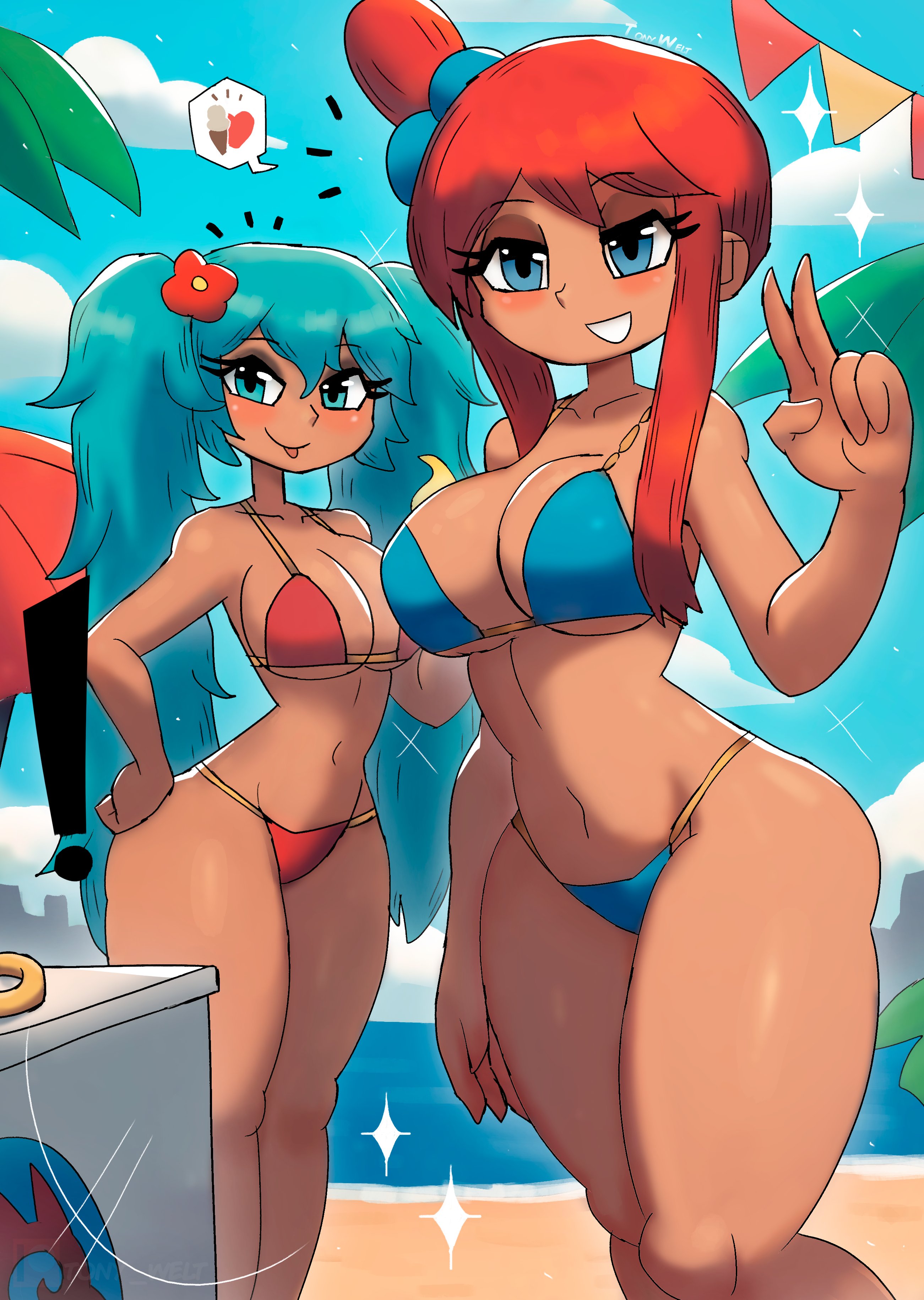 2024 pokemon teraleak, 2girls, aqua hair, beach, bikini, blue bikini, blue eyes, brazilian, brazilian miku, breasts, cleavage, crossover, dark skin, dark-skinned female, day, female, female only, flower, hair flower, hair ornament, hatsune miku, heart, large breasts, latina, long hair, looking at viewer, multiple girls, navel, outdoors, pokemon, red bikini, red hair, sky, skyla (pokemon), smile, swimsuit, tan, tongue, tongue out, tony welt, twintails, v, vocaloid