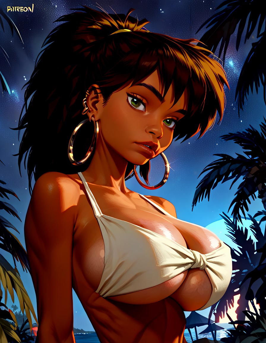 ai_generated areola areolae big_breasts body_bags breasts earrings female_focus female_only hoop_earrings large_breasts latina latina_female long_hair midriff nipples panda_delgado revealing skimpy skimpy_clothes skimpy_outfit skimpy_swimwear sling_bikini solo solo_female solo_focus