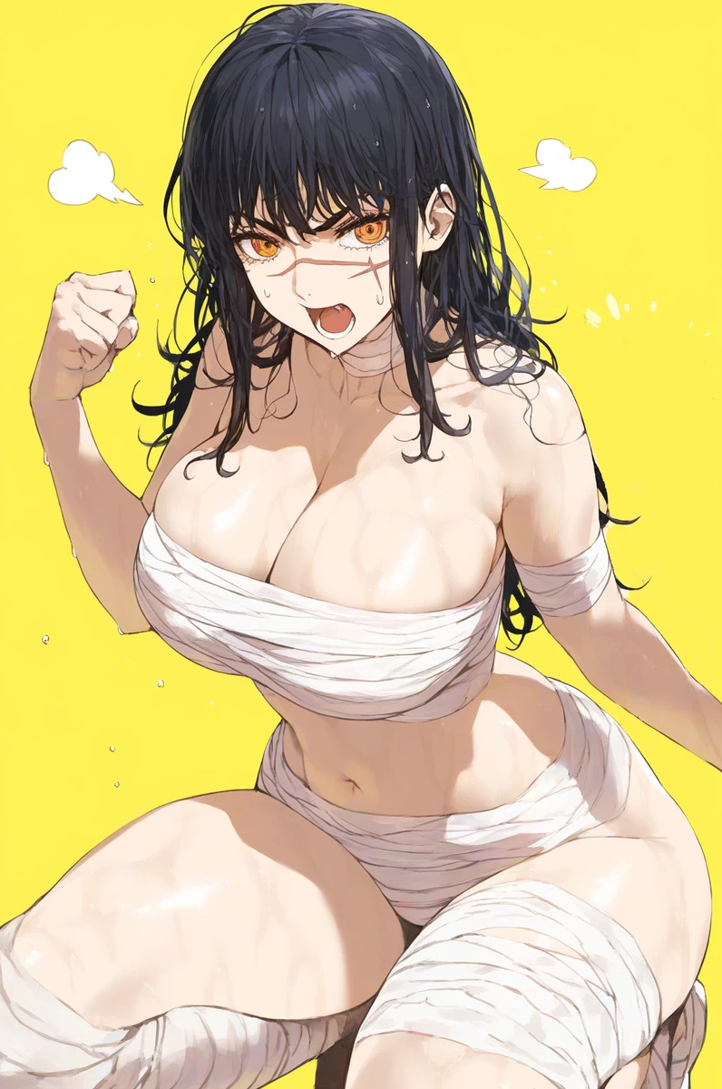 ai_generated bare_thighs black_hair chainsaw_man demon_girl gigantic_breasts halloween huge_breasts huge_thighs light-skinned_female light_skin long_hair looking_at_viewer massive_breasts mummy mummy_costume mummy_wrappings oiled_body oiled_skin orange_eyes solo_female squatting sweat sweatdrop tarte_(artist) thick_body thick_female thick_thighs thighs voluptuous voluptuous_female yoru_(chainsaw_man)