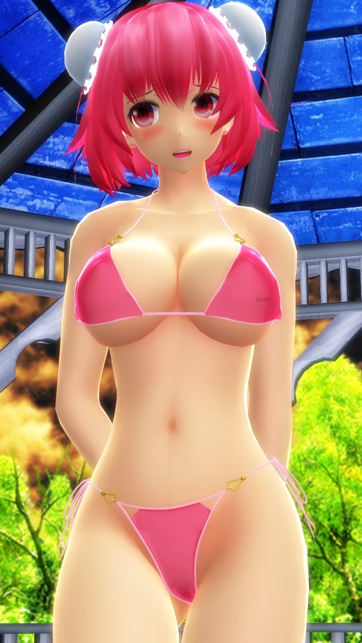 1girls 2024 3d arms_behind_back belly_button bikini blush breasts clavicle cleavage clouds garden hati_yukkuri_mmd hips human jpeg kasen_ibaraki light-skinned_female midriff mmd open_mouth outdoors pink_bikini pink_hair_female red_eyes short_hair_female shy sky solo_female solo_focus sunset swimsuit touhou trees waist