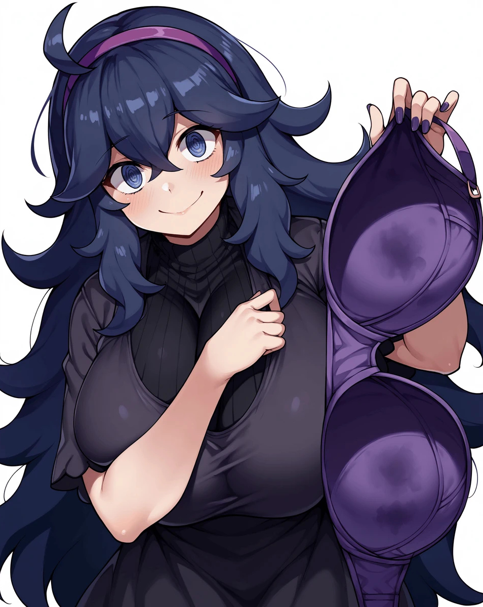 ai_generated blue_eyes bra game_freak gigantic_breasts hairband hex_maniac holding_bra huge_bra huge_breasts light-skinned_female light_skin long_hair looking_at_viewer massive_breasts nintendo pokemon pokemon_xy purple_hair smiling solo_female squatting sweat sweatdrop sweaty_bra thick_body thick_female very_long_hair voluptuous voluptuous_female