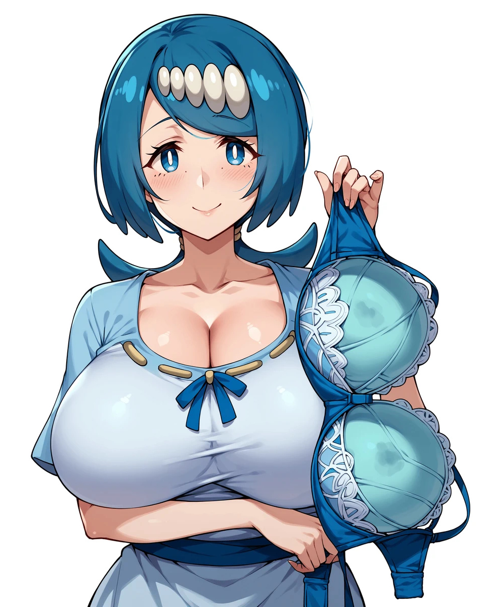 ai_generated blue_eyes blue_hair bra game_freak gigantic_breasts holding_bra huge_bra huge_breasts lana&#039;s_mother_(pokemon) light-skinned_female light_skin looking_at_viewer massive_breasts mature_female milf nintendo pokemon pokemon_sm ponytail smiling solo_female squatting sweat sweatdrop sweaty_bra thick_body thick_female voluptuous