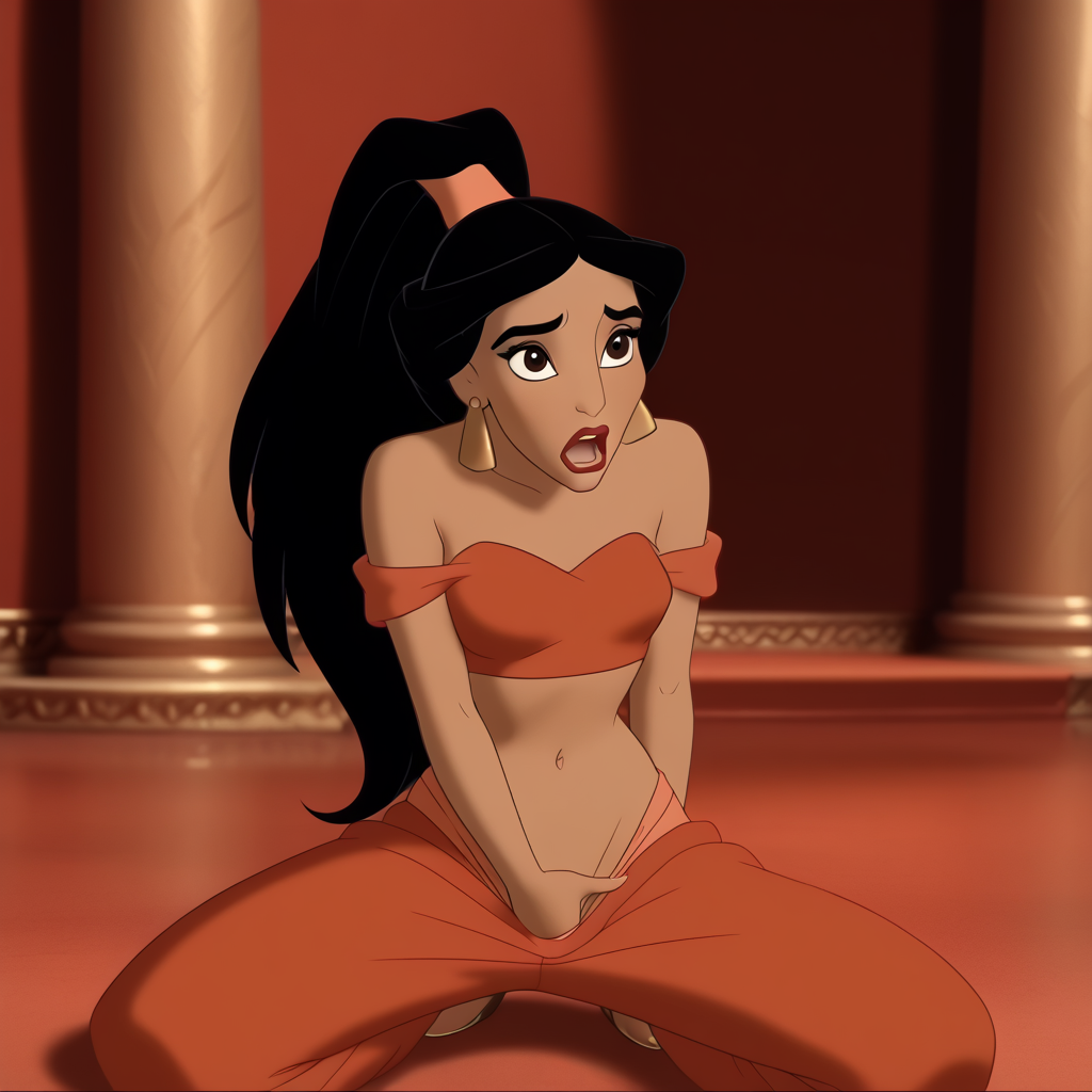 1girls ai_generated aladdin aladdin_(1992_disney_film) arabian arabian_female bare_shoulders black_hair brown_eyes clothed clothed_female clothed_masturbation clothing crouching disney disney_princess earrings evil_queen_jasmine female female_focus female_masturbation female_only fingering fingering_pussy fingering_self fully_clothed fully_clothed_female harem_outfit harem_pants indoors inside jasmine_(aladdin) legs_apart long_hair masturbating masturbation midriff moan moaning navel no_panties off_shoulder open_mouth palace pants_pulled_down ponytail princess_jasmine red_clothing red_lipstick red_outfit red_pants spread_legs tan_skin