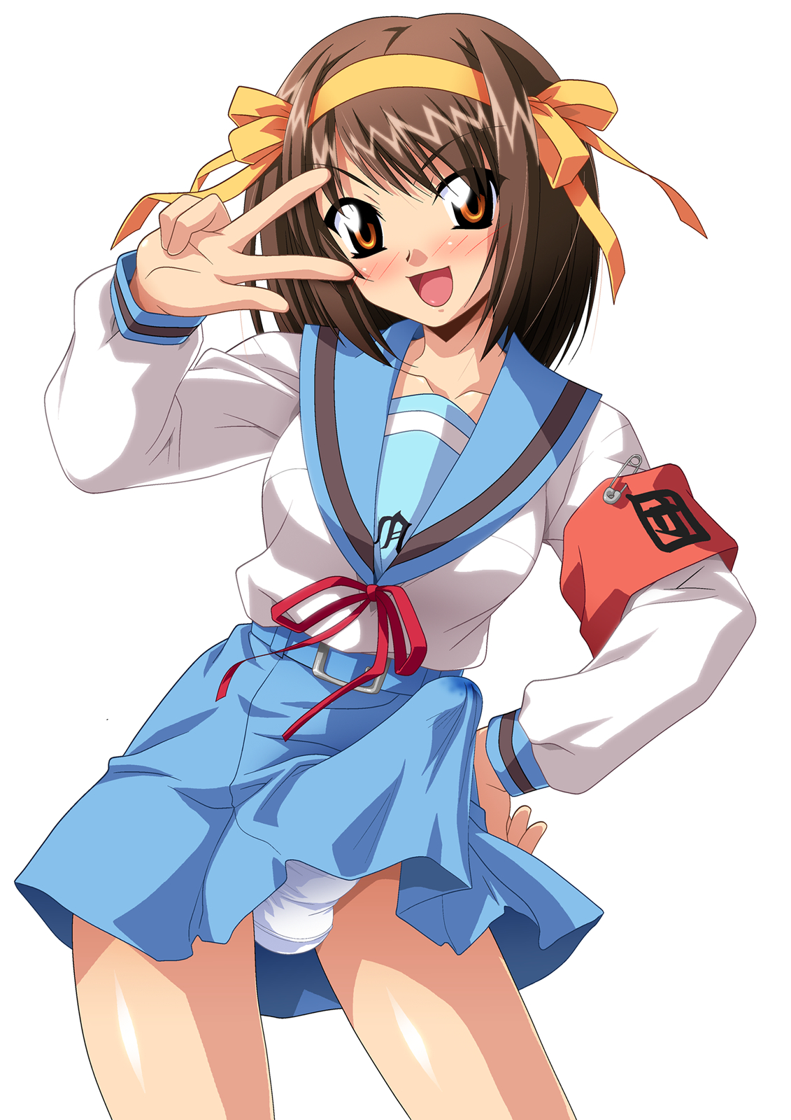1futa, blush, breasts, brown eyes, brown hair, bulge, clothing, futa only, futanari, hairband, highres, human, intersex, panties, penis, ribbon, school uniform, simple background, skirt, small breasts, smile, solo, studio sunadokei, suzumiya haruhi, suzumiya haruhi no yuuutsu, underwear