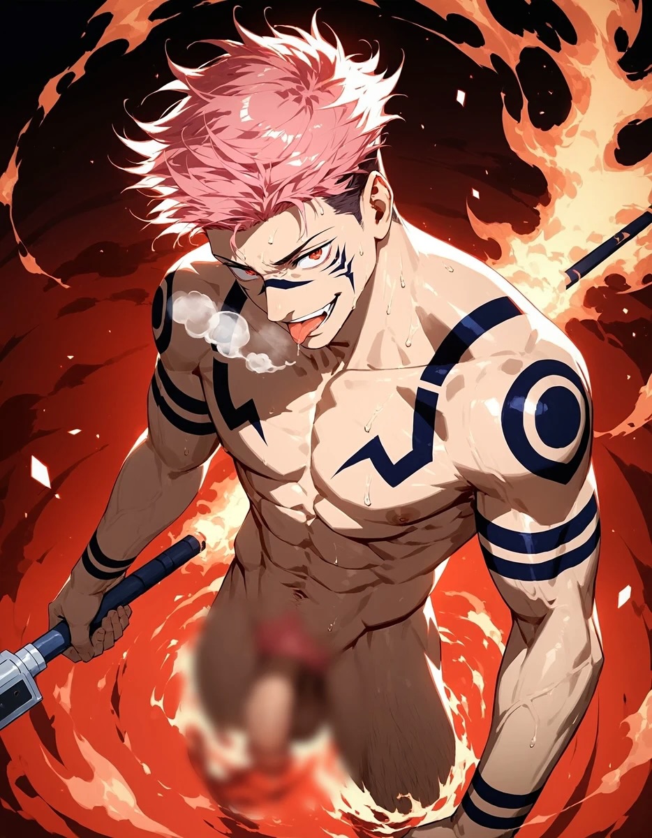 >:) abs ai_generated bara bara_ass bara_tiddies bara_tits censored crazy crazy_smile devious_grin fangs fire from_above goldenfieldszho holding_object jujutsu_kaisen male male_focus male_only mischievous_smile muscles muscular_male muscular_thighs naughty_face red_eyes ryoumen_sukuna_(jujutsu_kaisen) tattoo tattooed_arm tattooed_male tattoos tongue_out vein veins,