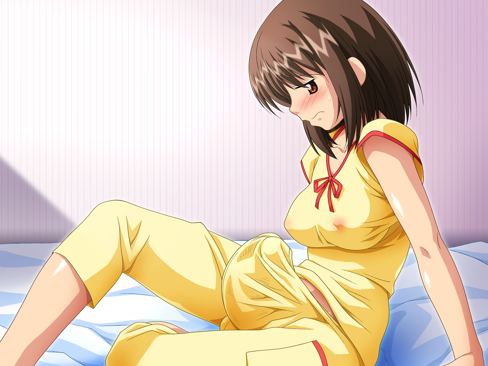 1futa, beige skin, blush, breasts, brown eyes, brown hair, bulge, closed mouth, clothes, clothing, color, erection, futa only, futanari, hair, highres, human, indoors, intersex, intersex only, large breasts, open eyes, pajamas, ribbon, round ears, side view, sitting, solo, studio sunadokei, suzumiya haruhi, suzumiya haruhi no yuuutsu