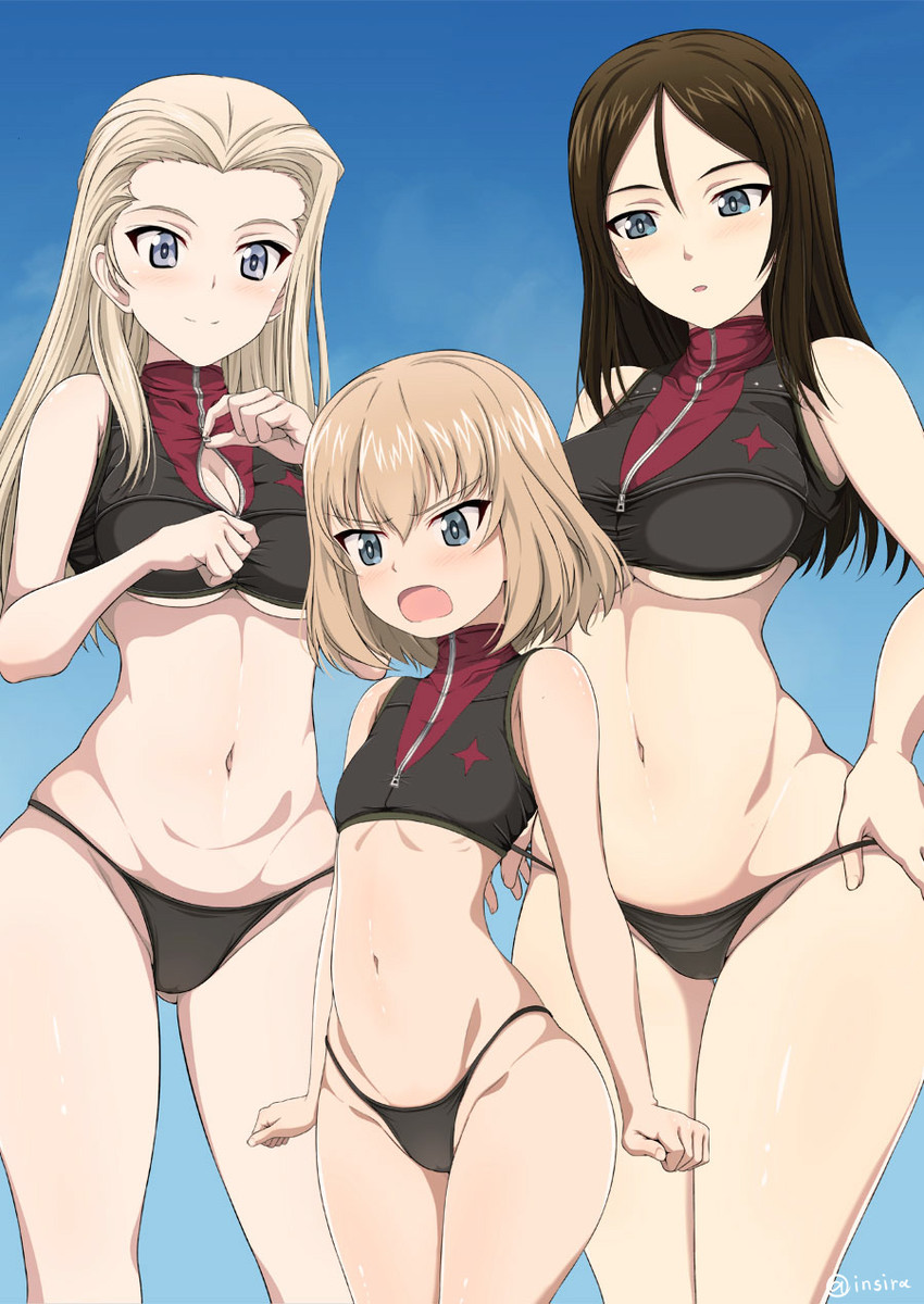 big_ass big_breasts black_bra black_panties blonde_hair blue_eyes brown_hair clara_(girls_und_panzer) girls_und_panzer huge_breasts inoshira katyusha nonna prostitute prostitution slut small_ass small_breasts