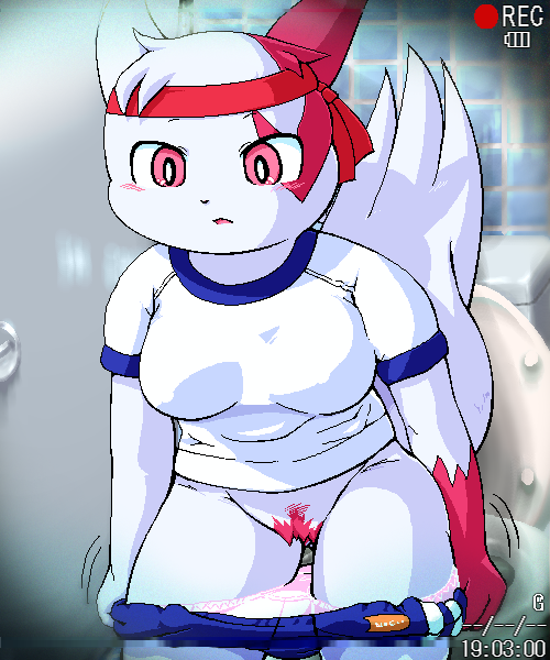 1girls 2d anthro blush clothes female female_only front_view fur furry furry_ears furry_tail g-sun hair indoors long_ears open_eyes pink_eyes pok&eacute;mon_(species) pokemon pokemon_(species) pokemon_rse pubic_hair recording red_fur shirt solo straight_hair tail toilet uncensored undressing unshaved_pussy white_fur zangoose