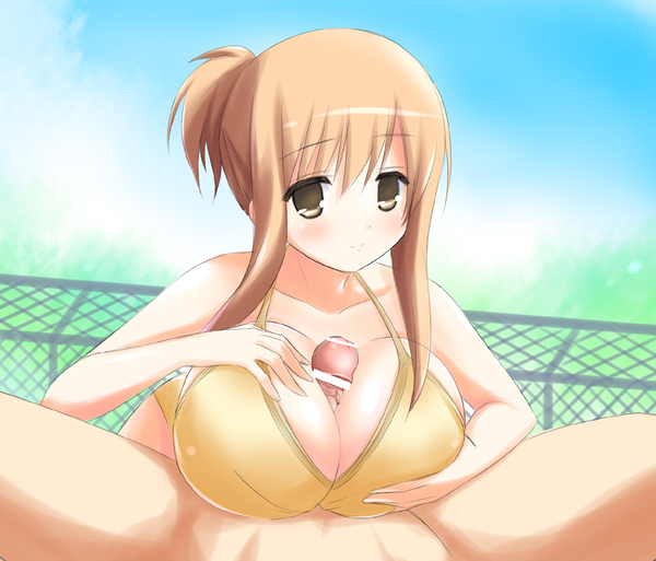 1boy 1girls 2d artist_request bikini_top blush breasts censored cleavage female female_focus hair hanamaru_youchien human human_female human_male human_only long_hair looking_at_viewer male paizuri partial_male penis penis_between_breasts sex smile straight swimsuit yamamoto_nanako