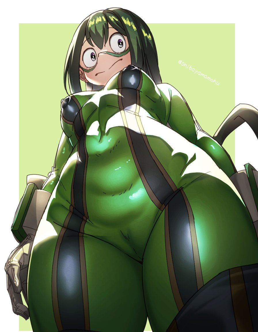 breasts, cameltoe, female, gloves, hero outfit (mha), large breasts, low-angle view, my hero academia, nipple bulge, nipple outline, nipples visible through clothing, shibayamamohu, teenager, thick thighs, tight clothing, tsuyu asui