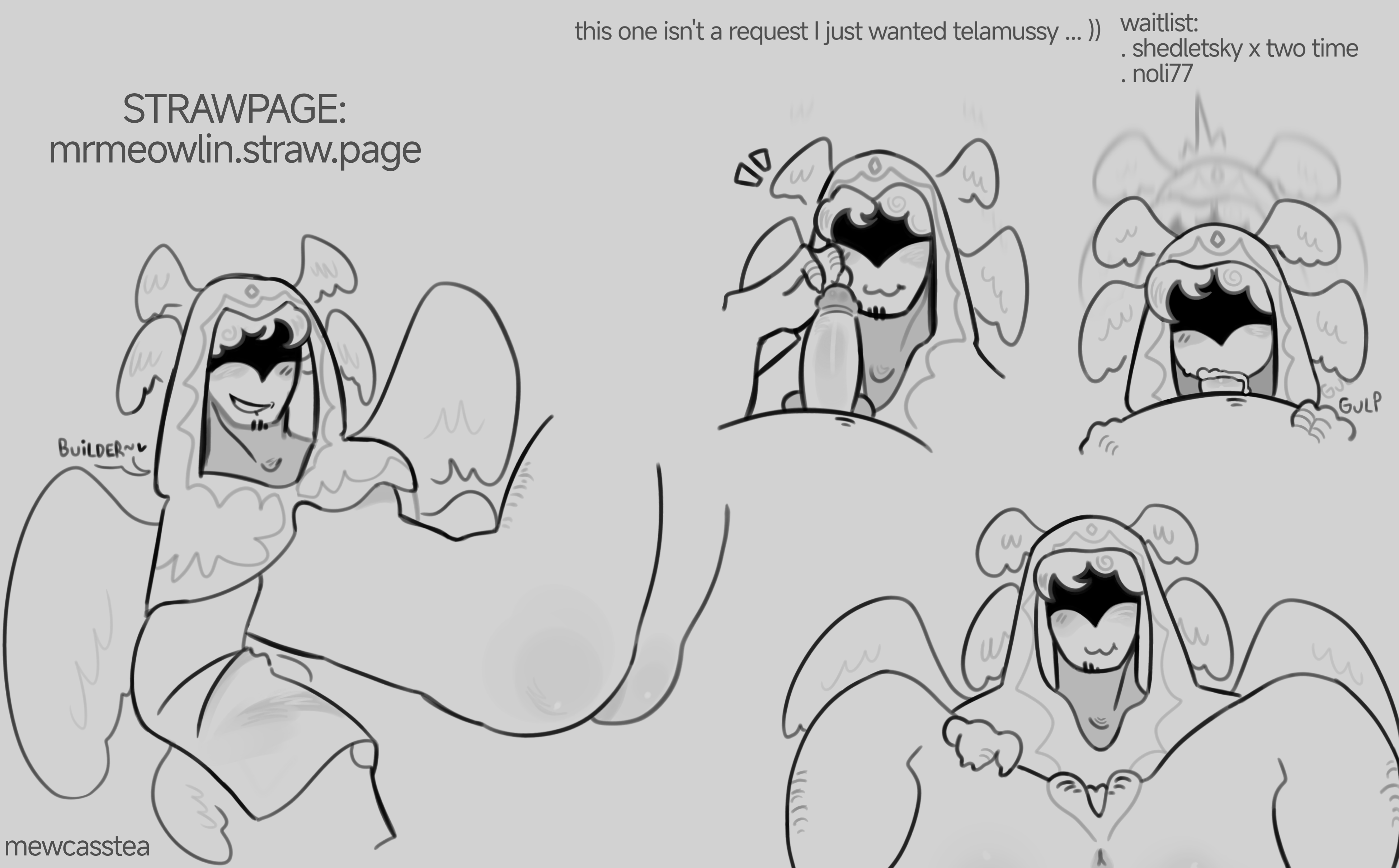 artist name, blowjob, bottomless, breasts, cloak, cum in mouth, cuntboy, cuntboy with breasts, cuntboy/male, deepthroat, english text, forsaken (roblox), gay, greyscale, hand on penis, head wings, intersex, male, male only, mewcasstea, monochrome, penis, pussy, roblox, roblox admins, roblox game, robloxian, self upload, shedletsky, shedletsky (forsaken), solo focus, spread legs, strawpage, telamon, wings
