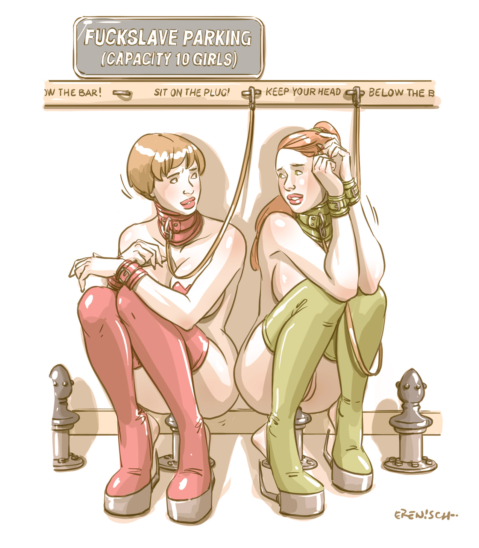 2girls, anal, bondage, bound, buttplug, collar, dildo, english text, erenisch, female, female only, femsub, high heels, illustration, leash, legal slavery, medium buttplug, metal buttplug, posture collar, sitting on buttplug, slave, slave collar, slave storage, slavegirls, spiked buttplug, text, waiting