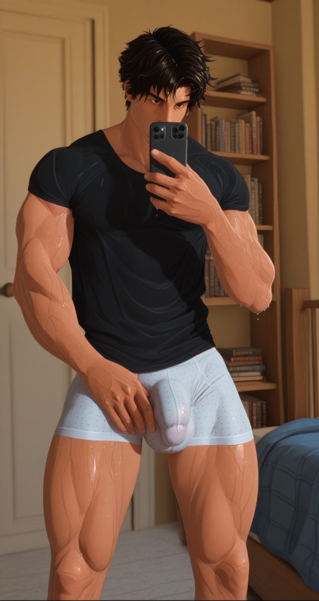 1boy, ai generated, black shirt, bulge through clothing, camera phone, damn, male, male only, marvel, marvel comics, marvel rivals, marvel rivals style, mirror selfie, muscular, muscular male, phone, selfie, spider-man, spider-man (marvel rivals), thick thighs, underwear