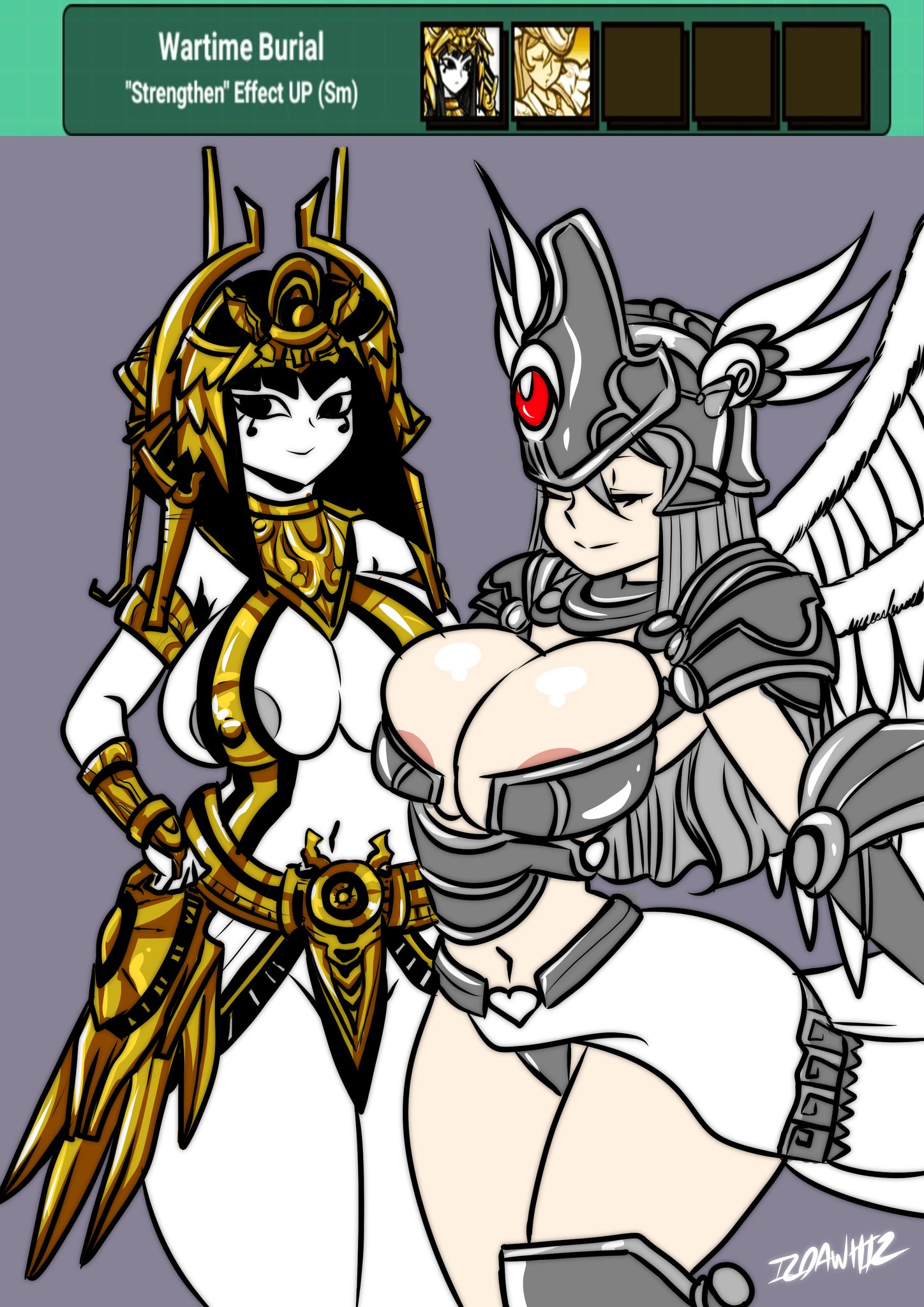 2girls, armor, barely contained, big breasts, black hair, breasts, closed eyes, female, goddess, grey hair, hand on hip, huge breasts, izdawhiz, lightmother aset, nipple slip, overflowing breasts, smile, the battle cats, thick thighs, valkyrie, valkyrie cat, wide hips, wings