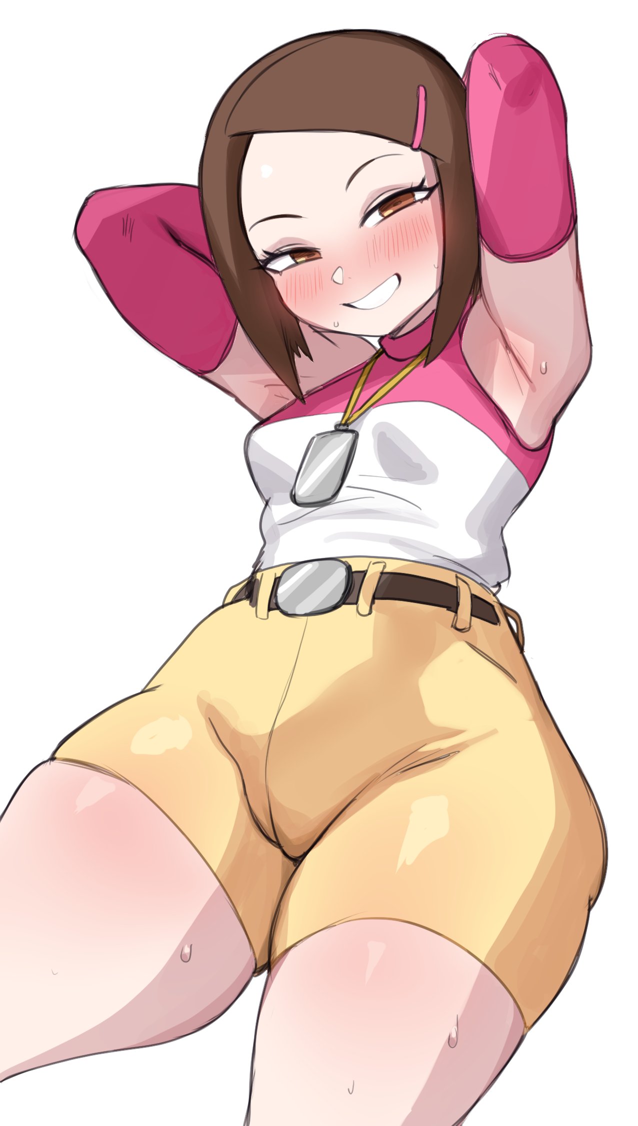 1girls, arms behind head, blush, breasts, brown eyes, brown hair, cameltoe, digimon, digimon adventure 02, female, female only, grin, grinning at viewer, hairclip, hi res, hikari yagami, lightsource, looking at viewer, narrowed eyes, small breasts, smiling, smiling at viewer, solo, thick thighs, voluptuous, white background