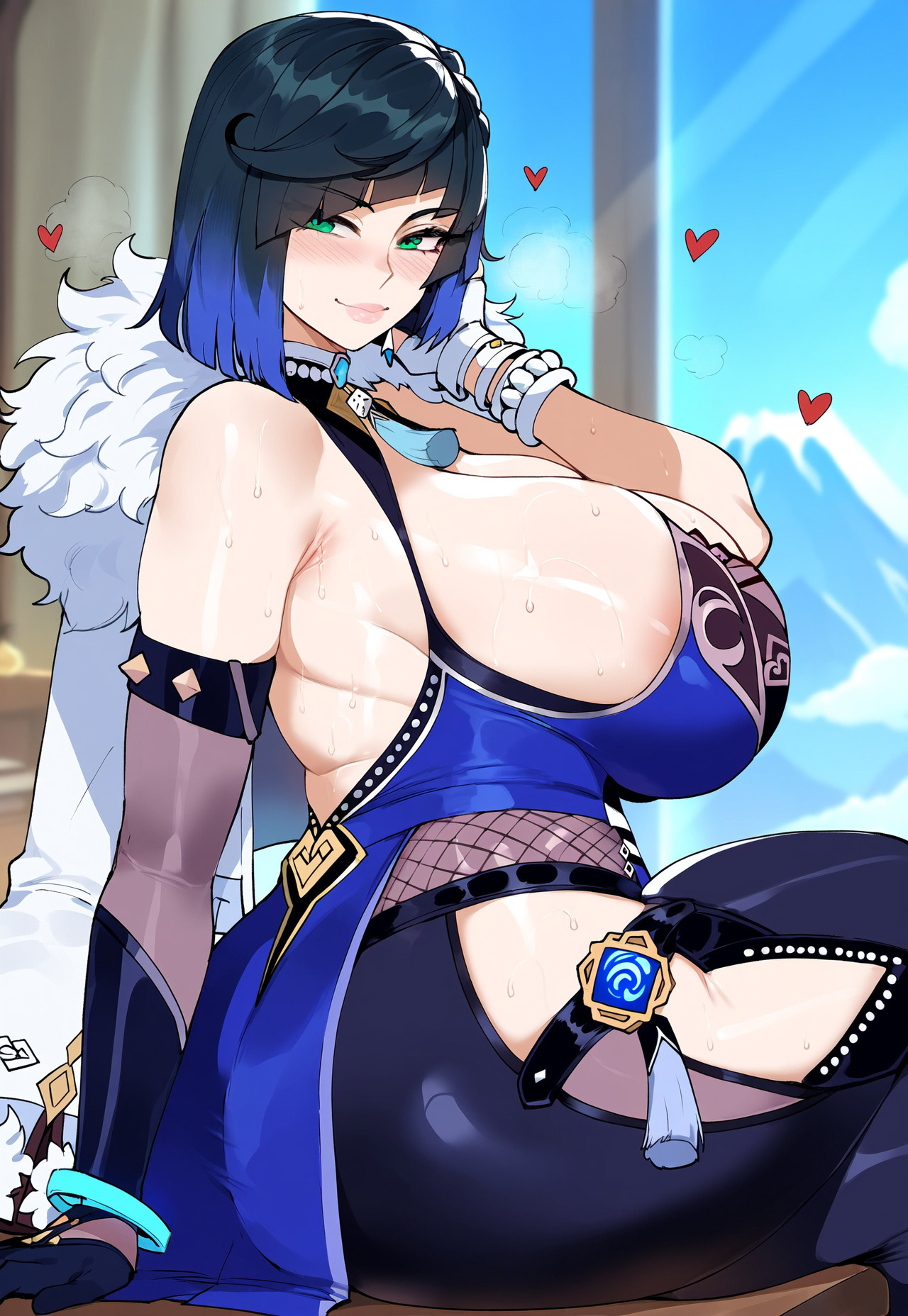 1girls, ai generated, ass, big breasts, black hair, blue eyes, breasts, female, female focus, genshin impact, green eyes, hips, huge ass, huge breasts, juuicyai, large breasts, mature female, milf, thick thighs, thighs, two-tone hair, wide hips, yelan (genshin impact)