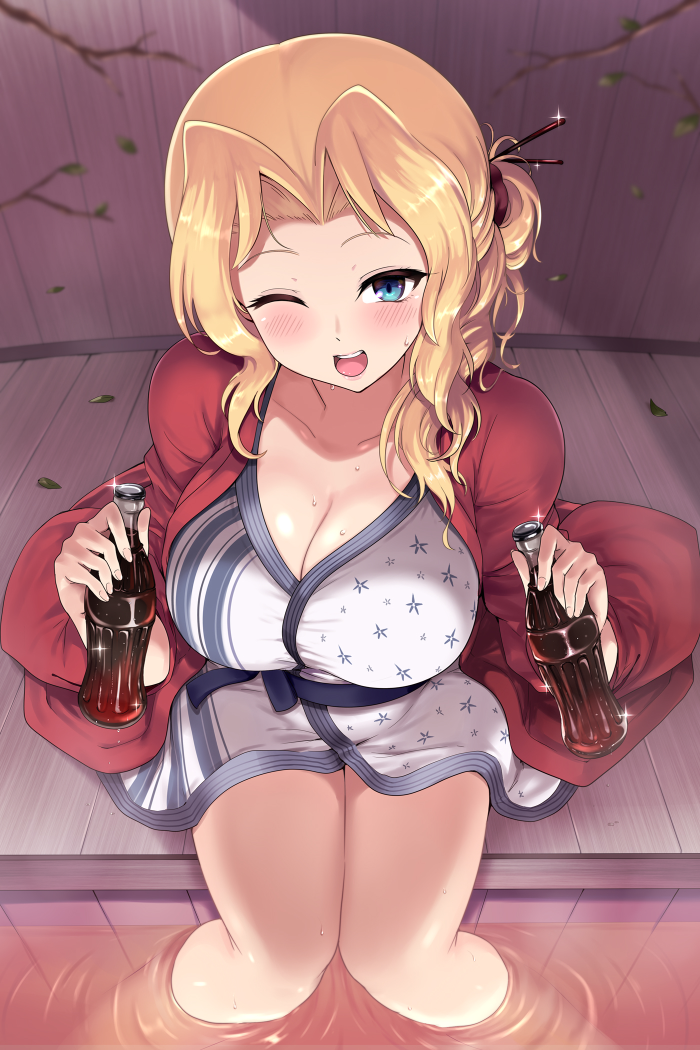 1girls, alcohol, beer, big breasts, blonde female, blonde hair, blue eyes, blush, boobs, breasts, cleavage, clothed, female, female focus, female only, girls und panzer, hair ornament, kay (girls und panzer), looking at viewer, open mouth, sauna, sauna bench, schoolgirl, solo, sweat, thick thighs, thighs, water, wet, white bathrobe, white skin, winking at viewer, yukata
