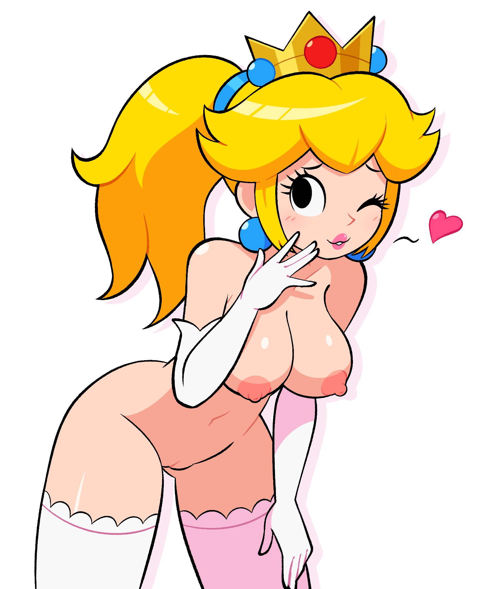 1girls, accurate art style, big breasts, blonde hair, blowing kiss, blue eyes, breasts, busty, dingitydingus, dummygoob, female, hand on leg, hand on own leg, hand on own thigh, hand on thigh, heart, large breasts, long hair, mario (series), mario and luigi (series), naked, navel, nude, one eye closed, parted lips, pink lipstick, ponytail, princess peach, pussy, shaved pussy, smile, voluptuous, wink