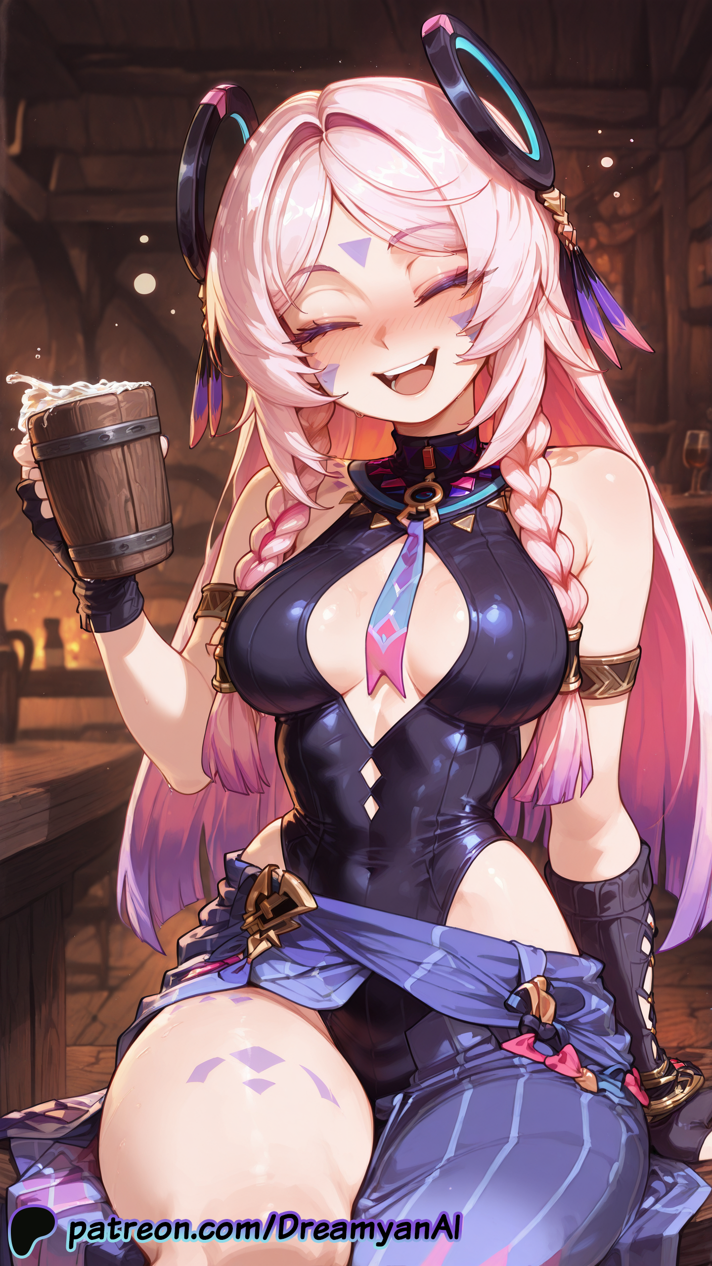 1girls, ai generated, blue eyes, breasts, citlali (genshin impact), closed eyes, dreamyan ai, drunk, female, genshin impact, hi res, high quality, high resolution, highres, long hair, medium breasts, open mouth, pink hair, smile, smiling, thick ass, thick thighs, thighs, uncensored, white skin