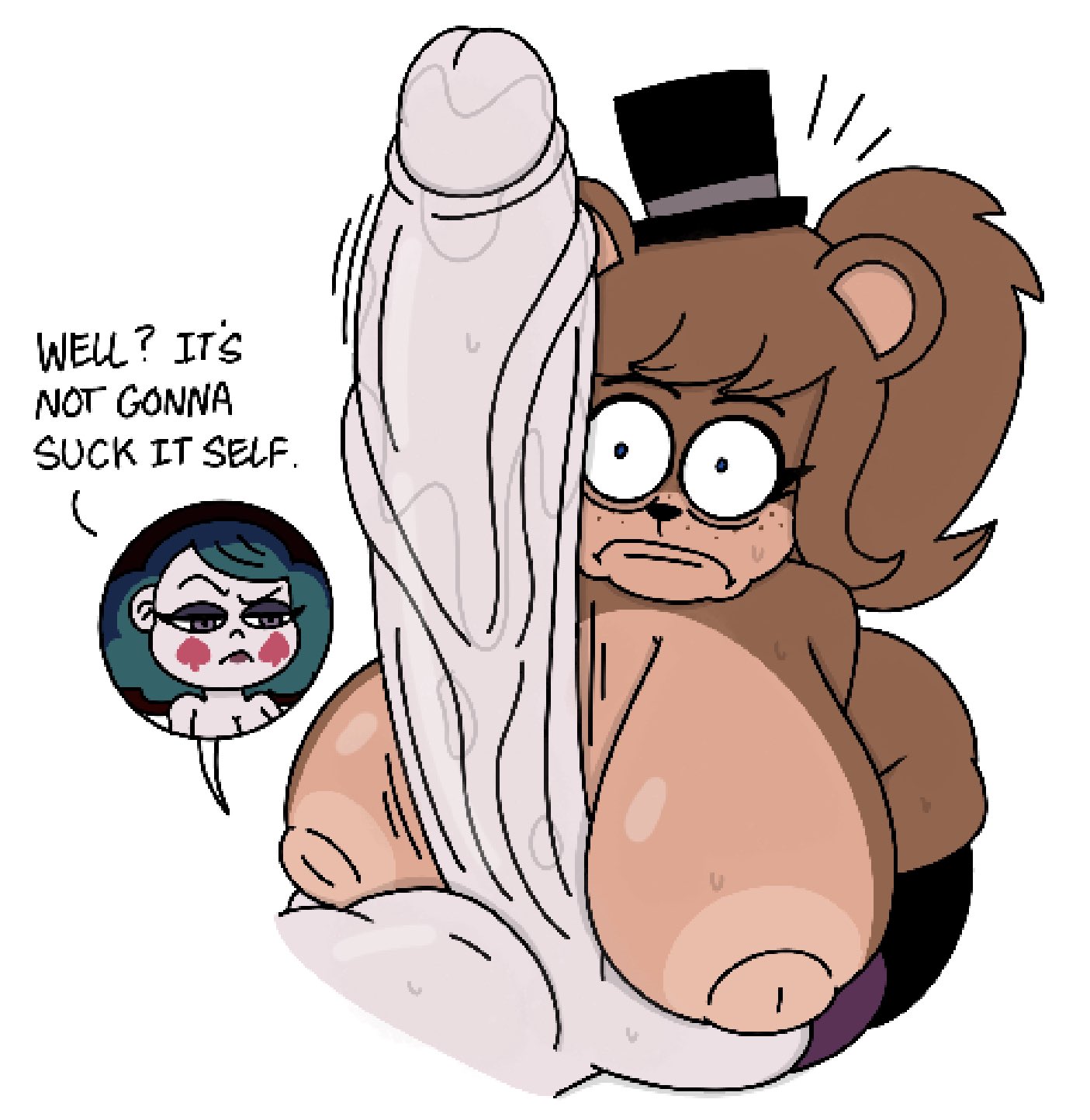 anthro, crossover, eclipsa butterfly, fearful expression, female, five nights at freddy's, fredina's nightclub, frenni fazclaire, frown, futa on female, futanari, huge breats, huge cock, hyper genitalia, hyper penis, intersex, nervous, nipples, paizuri, penis, star vs the forces of evil, theslashfive, top hat, weird crossover
